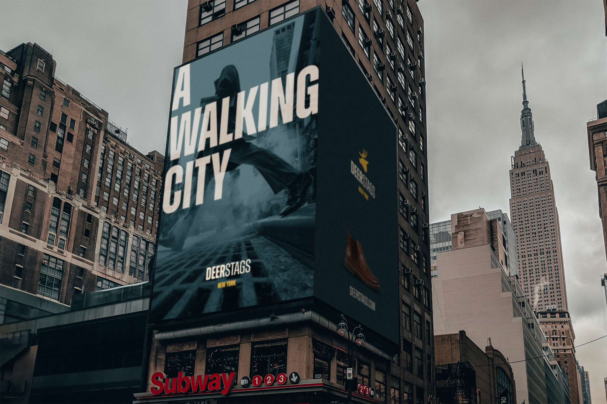 Deer Stags billboard in time square with empire state building in background.